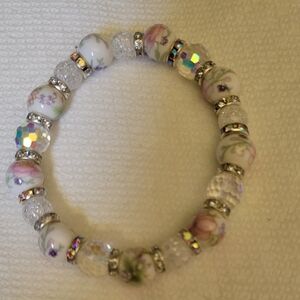 HANDCRAFTED Floral Porcelain and Crystal Stretch Bracelet - Pink & White
